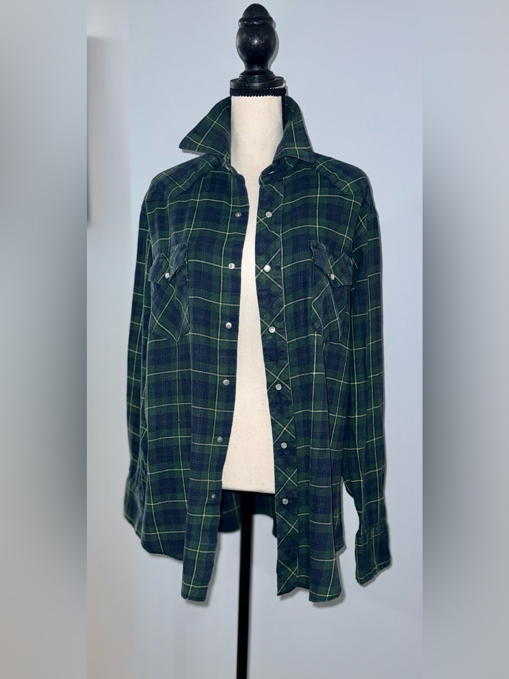 Vintage Wrangler Western Pearl Snap Plaid Shirt Green Blue Flannel Button Up